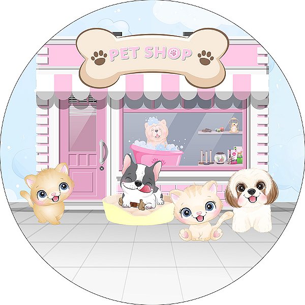 Painel De Festa Redondo 1,50x1,50 - Cachorrinhos Pet Shop Rosa 007