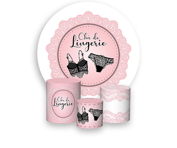 Painel De Festa Redondo 1,50 x 1,50 + Trio De Capas Cilindro - Chá de Lingerie Preta Fundo Rosa 002