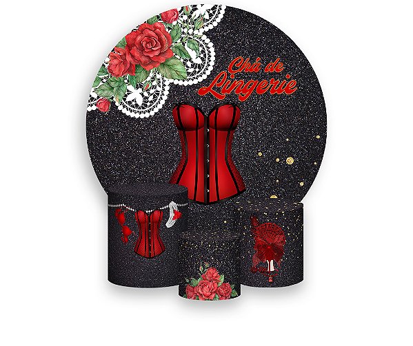 Painel De Festa Redondo 1,50 x 1,50 + Trio De Capas Cilindro - Chá de Lingerie Vermelho e Preto 007
