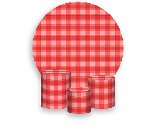 Painel De Festa Redondo 1,50 x 1,50 + Trio De Capas Cilindro - Camadas de Xadrez Vermelho 029