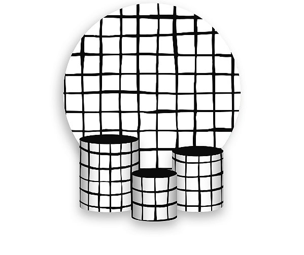 Painel De Festa Redondo 1,50 x 1,50 + Trio De Capas Cilindro -  Estampa Grid Quadriculado Preto 046