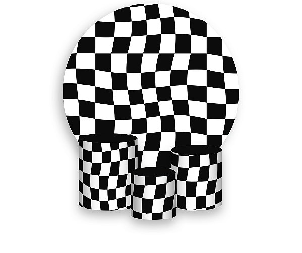 Painel De Festa Redondo 1,50 x 1,50 + Trio De Capas Cilindro - Estampa Quadriculado Retrô Preto 047