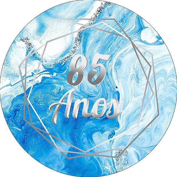 Painel De Festa Redondo 1,50x1,50 - Meus 85 Anos Efeito Mármore Azul e Prata 087