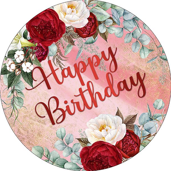 Painel De Festa Redondo 1,50x1,50 - Happy Birthday Efeito Mármore com Flores 134