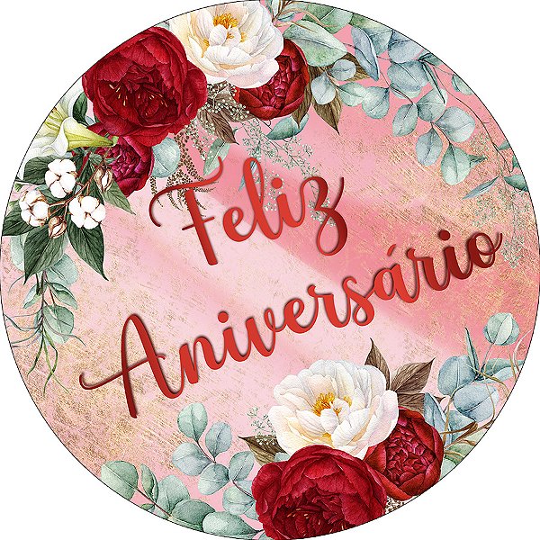 Painel De Festa Redondo 1,50x1,50 - Feliz Aniversário Efeito Mármore com Flores 135