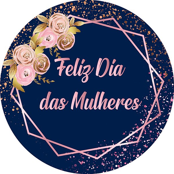 Painel De Festa Redondo 1,50x1,50 - Dia Das Mulheres Gold Rose E Azul 013