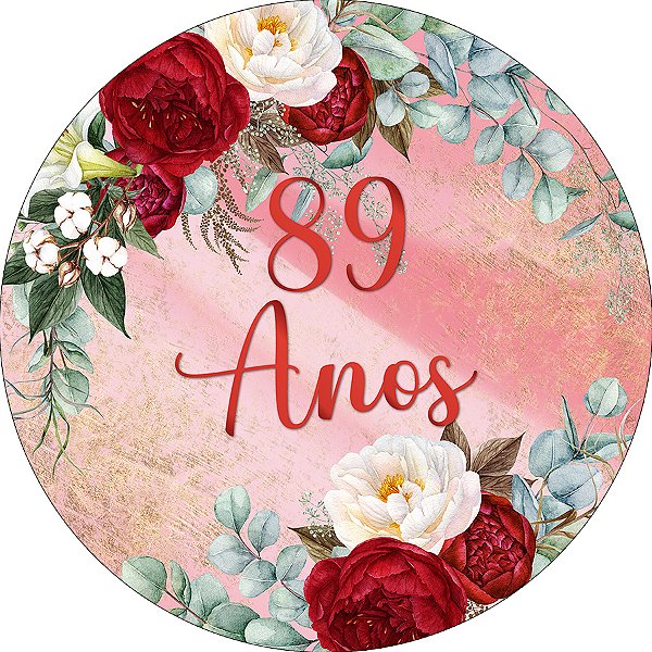 Painel De Festa Redondo 1,50x1,50 - 89 Anos Efeito Mármore com Flores 210