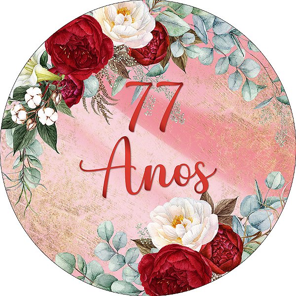 Painel De Festa Redondo 1,50x1,50 - 77 Anos Efeito Mármore com Flores 222