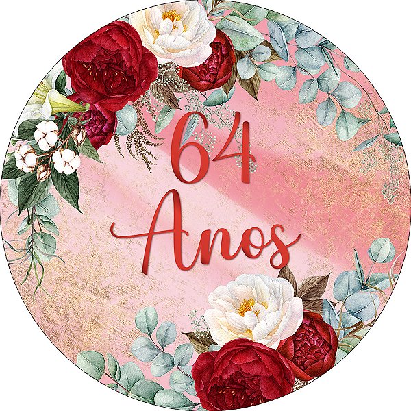 Painel De Festa Redondo 1,50x1,50 - 64 Anos Efeito Mármore com Flores 235