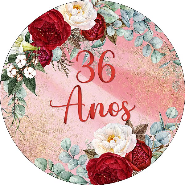 Painel De Festa Redondo 1,50x1,50 - 36 Anos Efeito Mármore com Flores 279