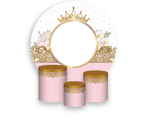 Painel De Festa Redondo 1,50 x 1,50 + Trio De Capas Cilindro - Realeza Rosa Candy 006