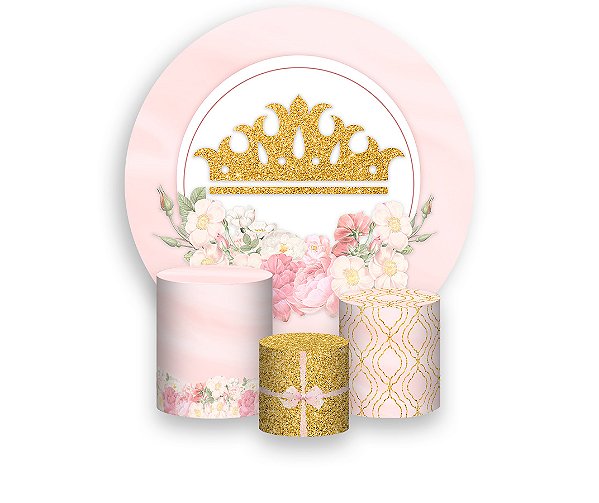 Painel De Festa Redondo 1,50 x 1,50 + Trio De Capas Cilindro - Realeza Capitone Rosa Candy 008