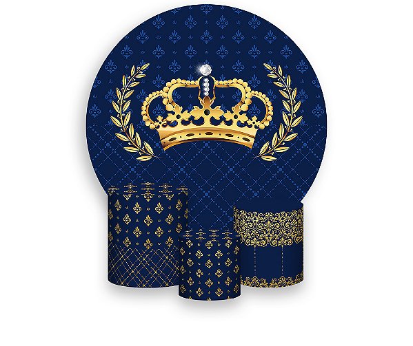 Painel De Festa Redondo 1,50 x 1,50 + Trio De Capas Cilindro - Realeza Folhagem Azul e Dourado 009