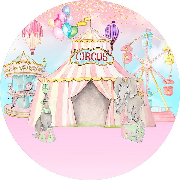 Painel De Festa Redondo 1,50x1,50 - Circo Rosa Aquarela 002