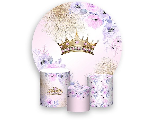 Painel De Festa Redondo 1,50 x 1,50 + Trio De Capas Cilindro - Realeza Rosa e Lilás Floral Efeito Glitter 017