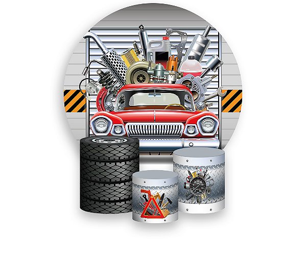 Painel De Festa Redondo 1,50 x 1,50 + Trio De Capas Cilindro - Carro Oficina Mecanica 016