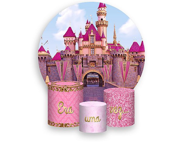 Painel De Festa Redondo 1,50 x 1,50 + Trio De Capas Cilindro - Castelo Rosa 002