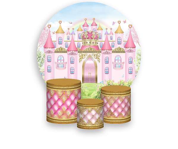 Painel De Festa Redondo 1,50 x 1,50 + Trio De Capas Cilindro - Castelo Jardim Rosa 005