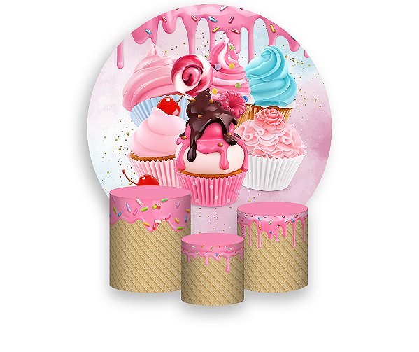 Painel De Festa Redondo 1,50 x 1,50 + Trio De Capas Cilindro - Doces Cupcakes 001