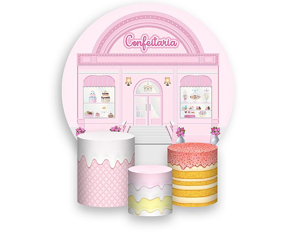 Painel De Festa Redondo 1,50 x 1,50 + Trio De Capas Cilindro - Confeitaria Rosa Delicada 019