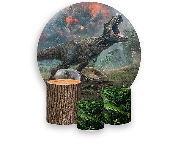 Painel De Festa Redondo 1,50 x 1,50 + Trio De Capas Cilindro - Dinossauro Rex 003