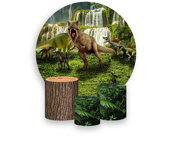 Painel De Festa Redondo 1,50 x 1,50 + Trio De Capas Cilindro - Dinossauros Cachoeira 004