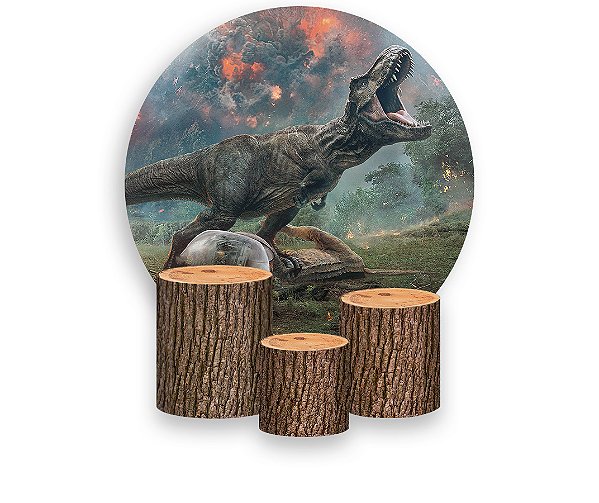 Painel De Festa Redondo 1,50 x 1,50 + Trio De Capas Cilindro - Dinossauro Rex Floresta 006