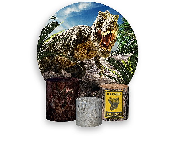 Painel De Festa Redondo 1,50 x 1,50 + Trio De Capas Cilindro - Dinossauro Realista 009