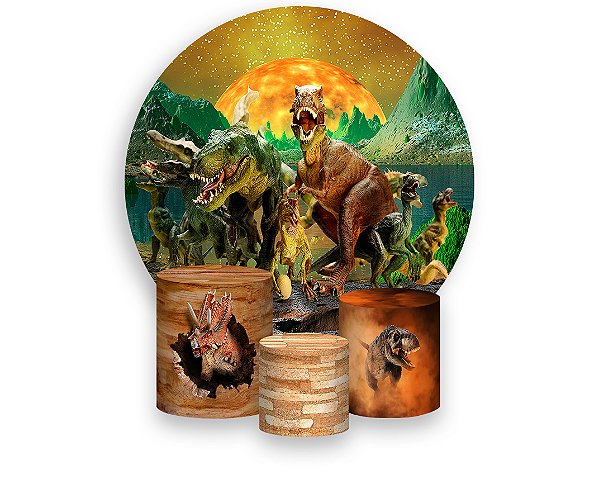 Painel De Festa Redondo 1,50 x 1,50 + Trio De Capas Cilindro - Planeta Dinossauros 011