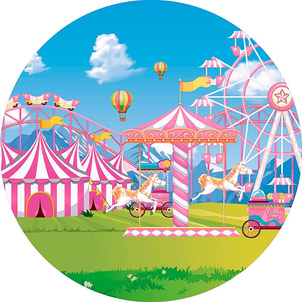 Painel De Festa Redondo 1,50x1,50 - Circo Parque de Diversão Carrossel Rosa 017