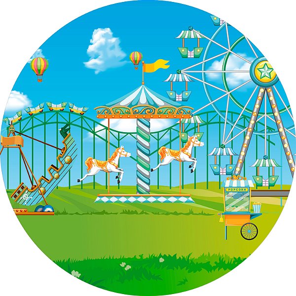 Painel De Festa Redondo 1,50x1,50 - Circo Parque de Diversão Carrossel Verde 018