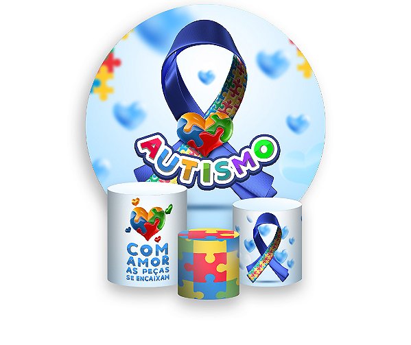 Painel De Festa Redondo 1,50 x 1,50 + Trio De Capas Cilindro - Autismo Laço Quebra-Cabeça 003