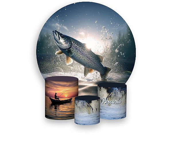 Painel De Festa Redondo 1,50 x 1,50 + Trio De Capas Cilindro - Pescaria Peixe Água 009
