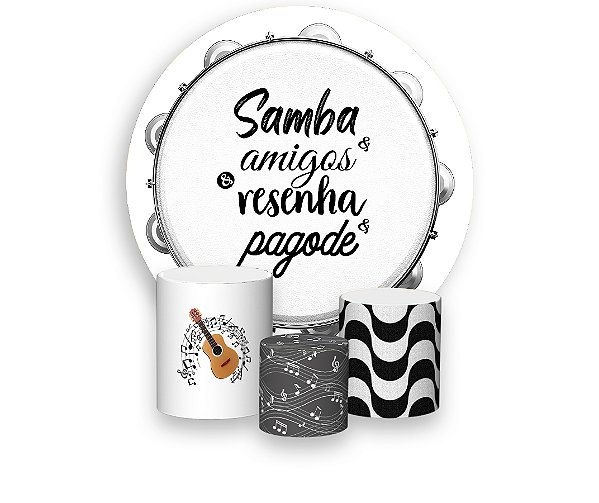 Painel De Festa Redondo 1,50 x 1,50 + Trio De Capas Cilindro - Samba Pagode Pandeiro Cinza 011