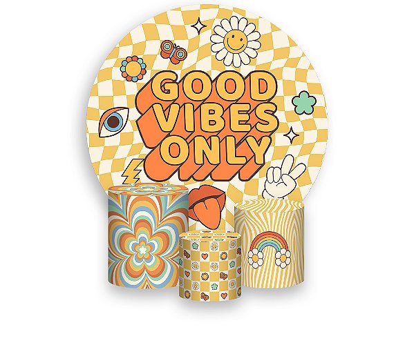 Painel De Festa Redondo 1,50 x 1,50 + Trio De Capas Cilindro - Good Vibes Elementos Cartoon 012