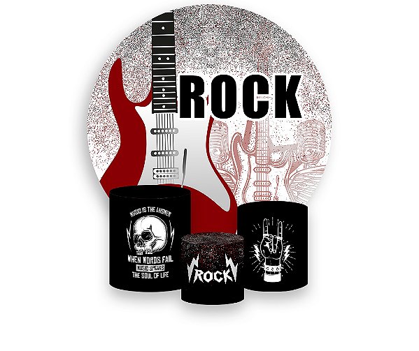 Painel De Festa Redondo 1,50 x 1,50 + Trio De Capas Cilindro - Rock And Roll Guitarra Vermelha 015