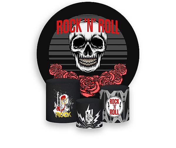 Painel De Festa Redondo 1,50 x 1,50 + Trio De Capas Cilindro - Caveira do Rock N Roll 017