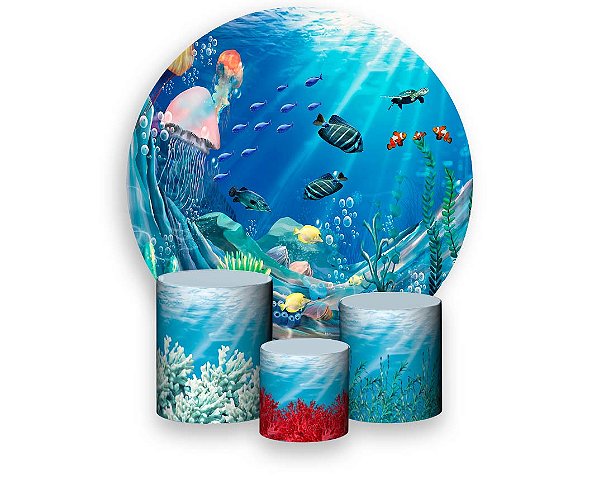 Painel De Festa Redondo 1,50 x 1,50 + Trio De Capas Cilindro - Fundo do Mar Corais e Peixinhos 002
