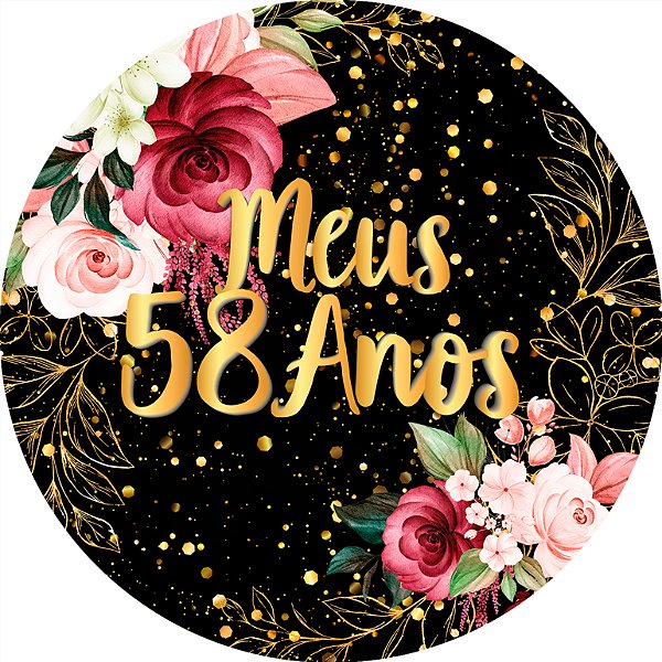 Painel De Festa Redondo 1,50x1,50 - Meus 58 Anos Dourado Floral 093