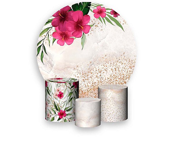 Painel De Festa Redondo 1,50 x 1,50 + Trio De Capas Cilindro - Flores Rosa Efeito Glitter 014