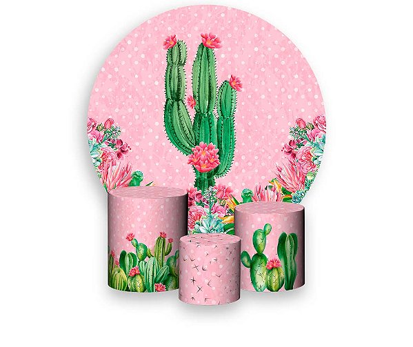 Painel De Festa Redondo 1,50 x 1,50 + Trio De Capas Cilindro - Cactos Poás Rosa 015