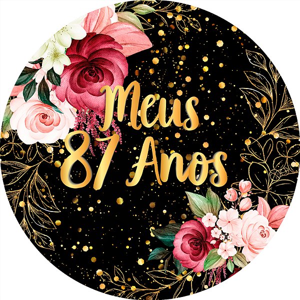 Painel De Festa Redondo 1,50x1,50 - Meus 87 Anos Dourado Floral 119