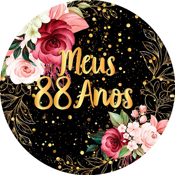 Painel De Festa Redondo 1,50x1,50 - Meus 88 Anos Dourado Floral 120