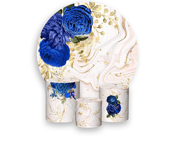 Painel De Festa Redondo 1,50 x 1,50 + Trio De Capas Cilindro - Efeito Marmorizado Rose Com Flores Azul 034