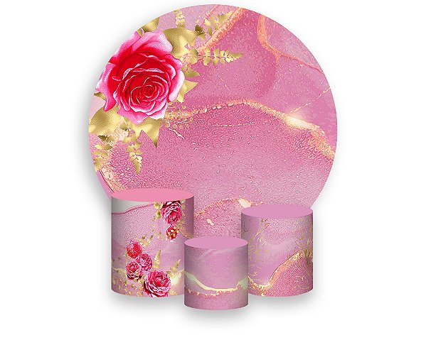 Painel De Festa Redondo 1,50 x 1,50 + Trio De Capas Cilindro - Efeito Mármore Rosa com Dourado e Flores 035