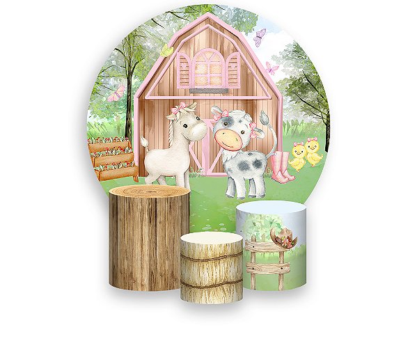 Painel De Festa Redondo 1,50 x 1,50 + Trio De Capas Cilindro - Fazendinha Celeiro com Animais 001