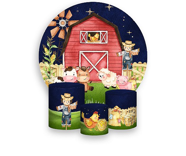 Painel De Festa Redondo 1,50 x 1,50 + Trio De Capas Cilindro - Fazendinha Noite Estrelada 011