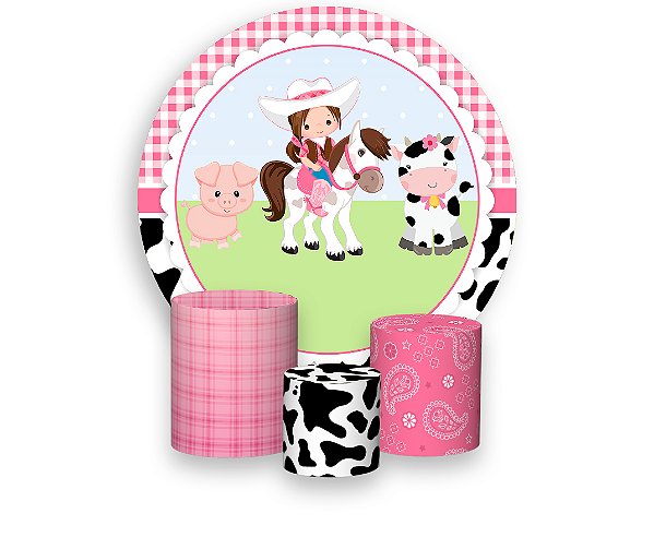 Painel De Festa Redondo 1,50 x 1,50 + Trio De Capas Cilindro - Vaqueira Rosa com Animais 026