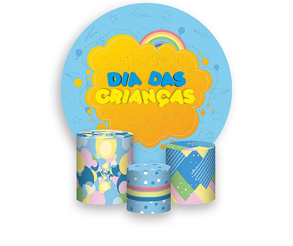 Painel De Festa Redondo 1,50 x 1,50 + Trio De Capas Cilindro - Dia das Crianças Azul Amarelo 029