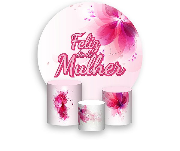 Painel De Festa Redondo 1,50 x 1,50 + Trio De Capas Cilindro - Dia das Mulheres Rosa Elegante 036